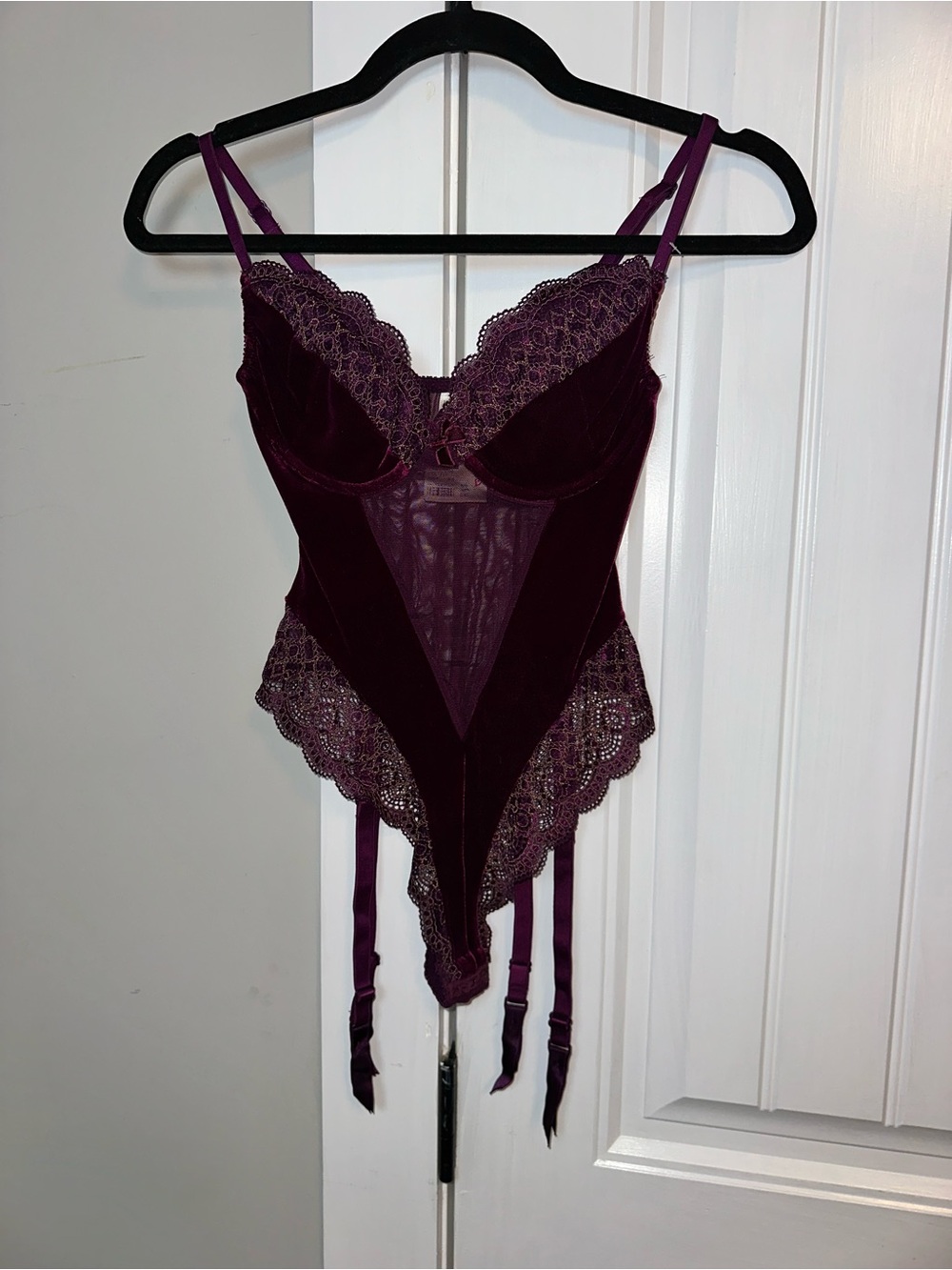 Victorias Secret NWT Size 34C Plum Lace Velvet Bodysuit with Garter Straps